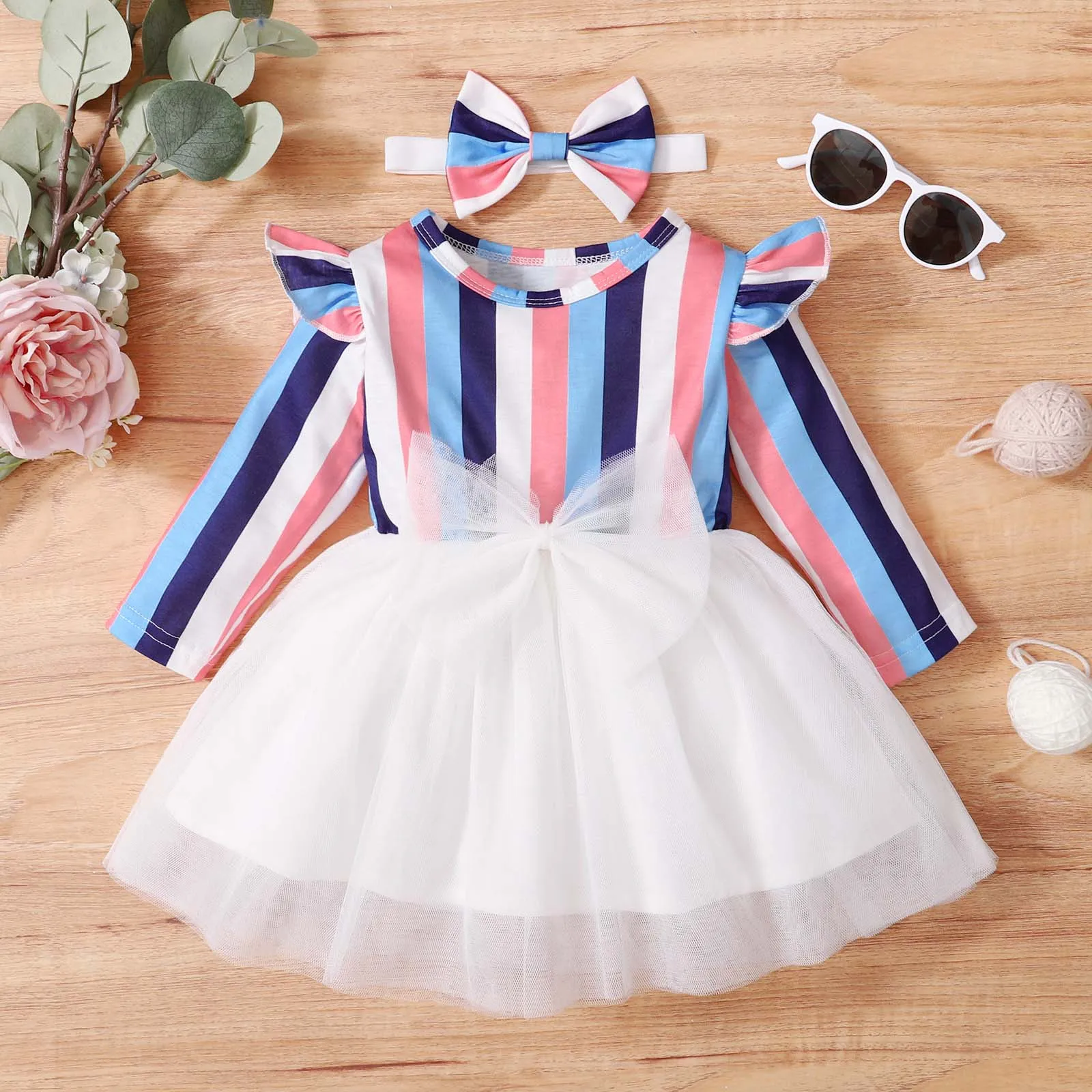 

Autumn Baby Girl Lace Striped Long sleeve Dress With Headwear Two-piece Children's Clothing ropa de niña vetement fille 2022
