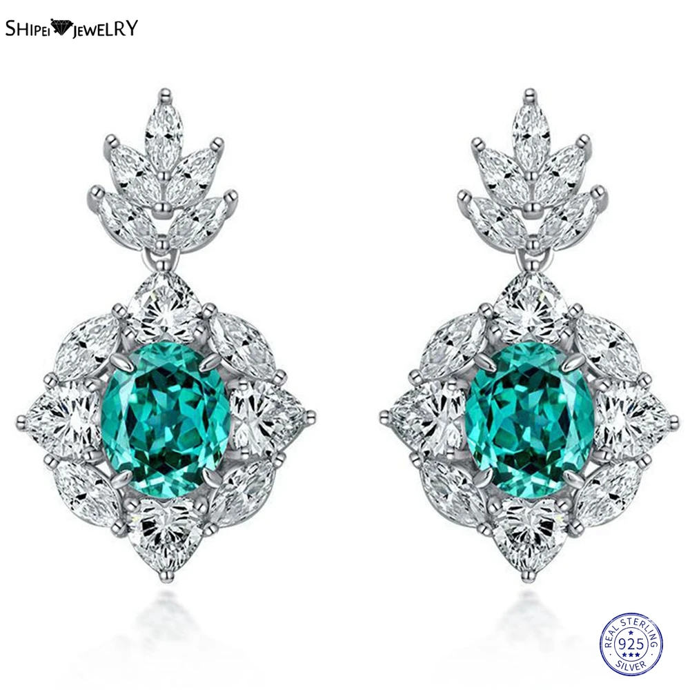 

Shipei Luxury Elegant 925 Sterling Silver Created Moissanite Paraiba Tourmaline Gemstone Drop Dangle Earrings Stud Fine Jewelry