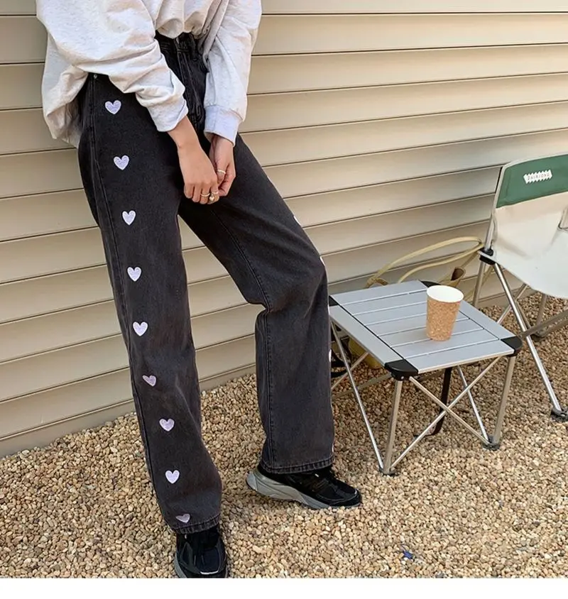Women's High Waist Love Embroidery Pattern Jeans Y2k Spring 2021 New Tube Loose Straight New Retro Wide Leg Pants Denim Retro