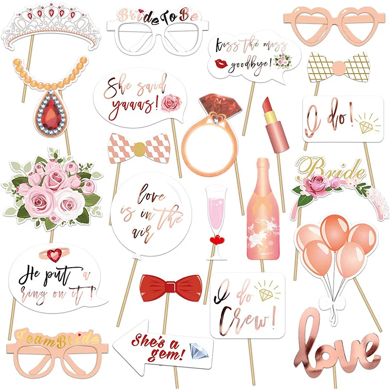 

23Pcs Hen Party Photo Booth Props Team Bride Selfie Props Rose Gold Wedding Bridal Shower Hen Night Do Party Game Accessories