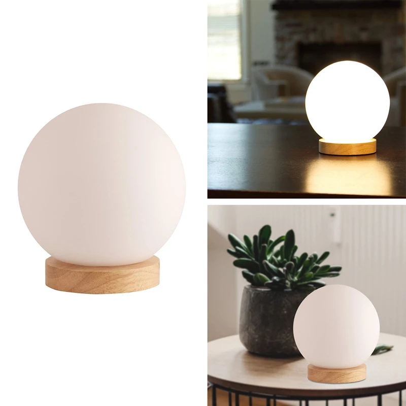 New Glass Ball Table Lamp Included- Nightstand Lamp - Small Lamp Natural Wooden Base With Round Glass Shade