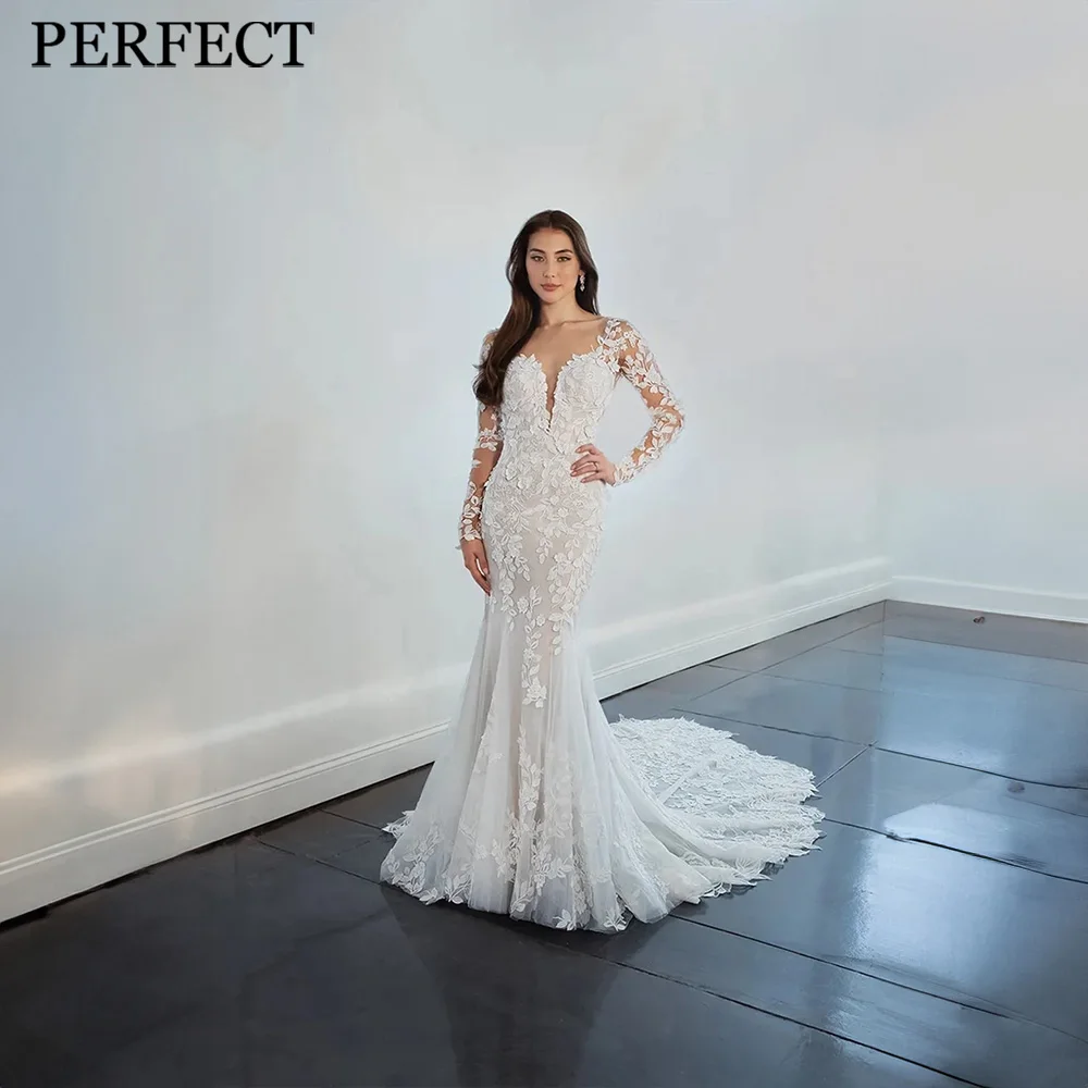 

PERFECT Gorgeous Wedding Dresses For Woman Mermaid Appliques V-Neck Open Back Court Train Custom Made Vestidos De Novia