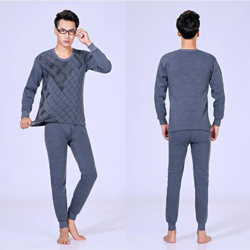 

Thermal Long Johns Set For Men Plush Warm Innerwear Underwear Men's Brushed Solid Low Neck Winter Underwear Set