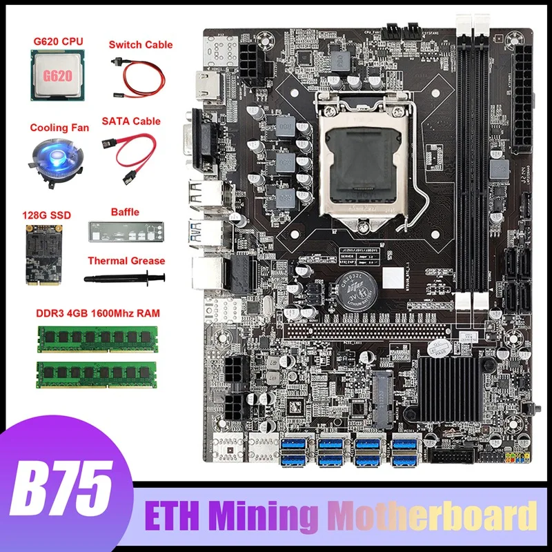 

B75 ETH Mining Motherboard 8XUSB+G620 CPU+2XDDR3 4GB RAM+128G SSD+Fan+SATA Cable+Baffle B75 Miner Motherboard