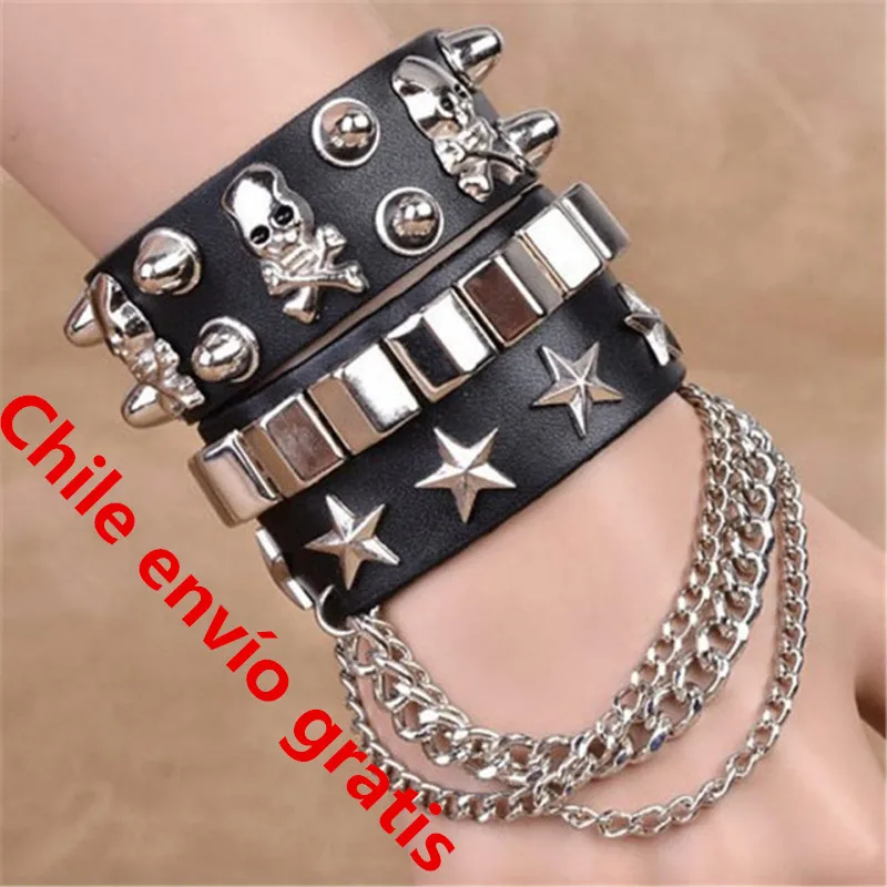 

Fashion Black Multi-layer Leather Wide Punk Bracelet Women Men Skull Rivet Jewelry Wristband Bracelet Offers with Free Shipping