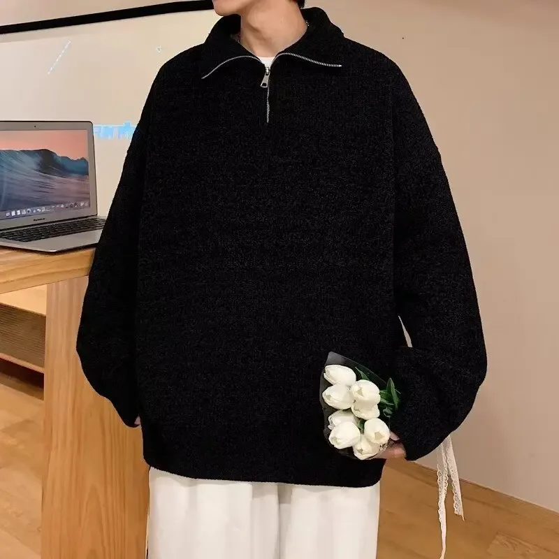 Модный мужской свитер с высоким воротником-поло на молнии свободное вязаное