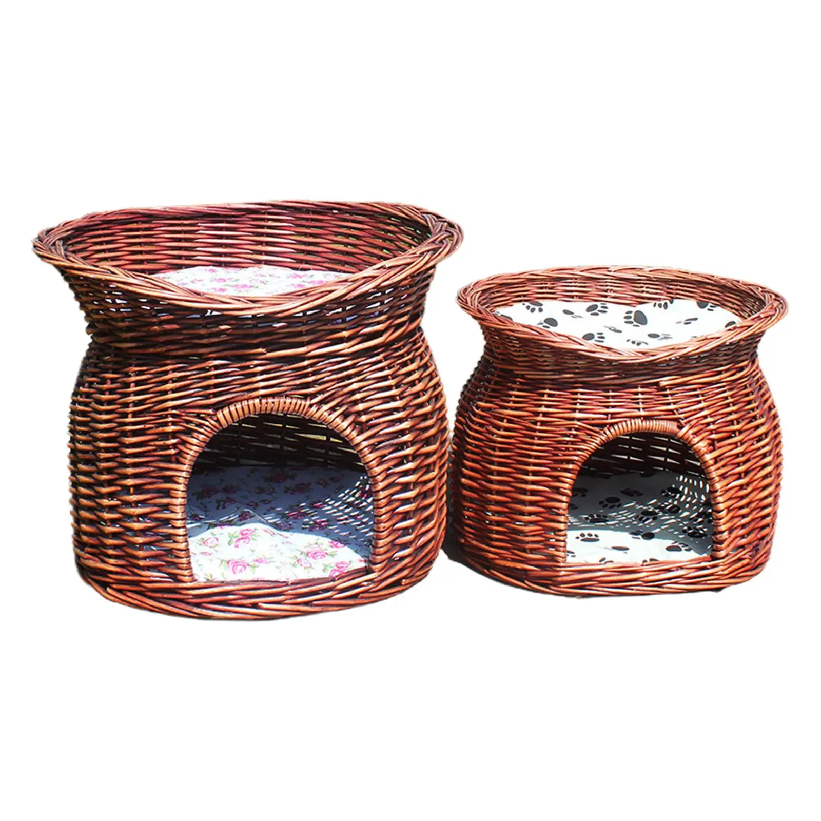 

Portable Pet House Handmade Braided Rattan Woven Cat Bed with Removeable Cushion Dog Kennel Indoor Sleeping Bed Semi Enclosed