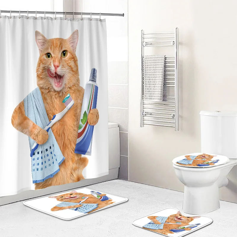 

Kitte Cute Cat 3D Shower Curtain Mildew Proof Lovely Cartoon Printed Non Slip Rugs Mat Polyester Fabric Waterproof With Hooks