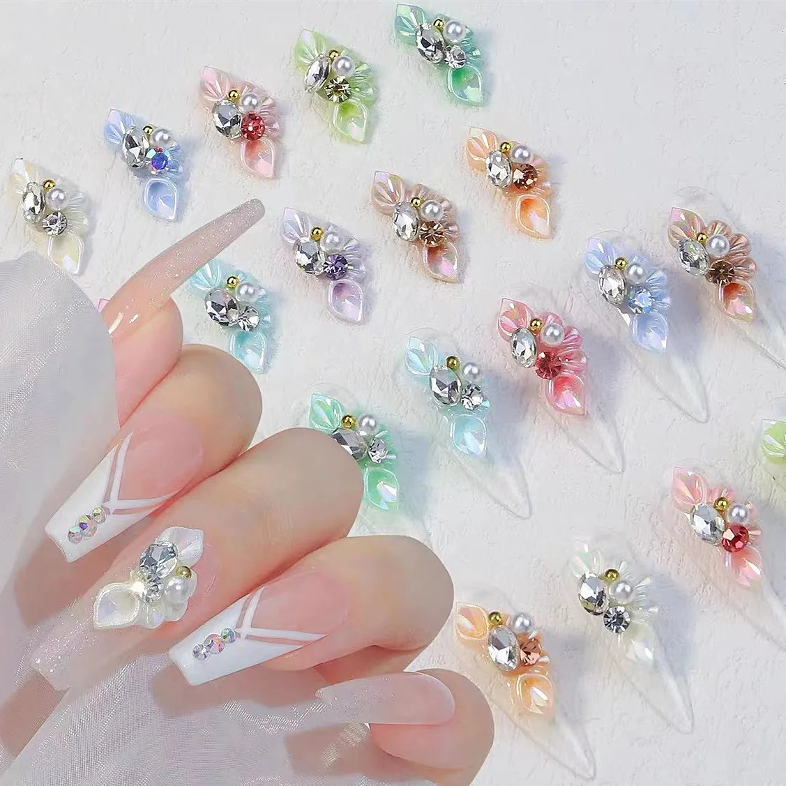 

10pcs 3D Side Flowers Acrylic Flowers Nail Art Decoration 8x20mm Pearl Rhinestone Floret Nail Art Accessories Flower Nails Decor