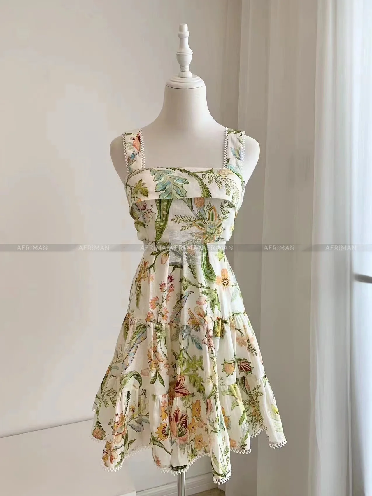 2023 New Square Collar Sleeveless Floral Print Women Bow Decoration Backless Mini Linen Dress