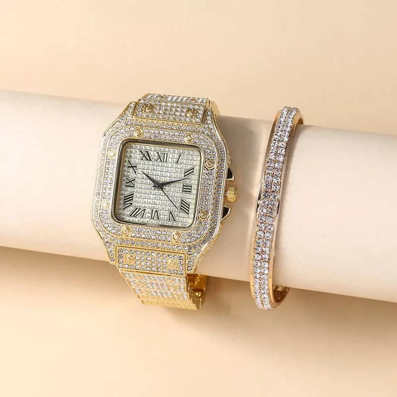 2PCS Set Luxury Square Full CZ Watch Women's Bracelet Fashion Watch Women's Casual Women's Watch Bracelet Set Clock