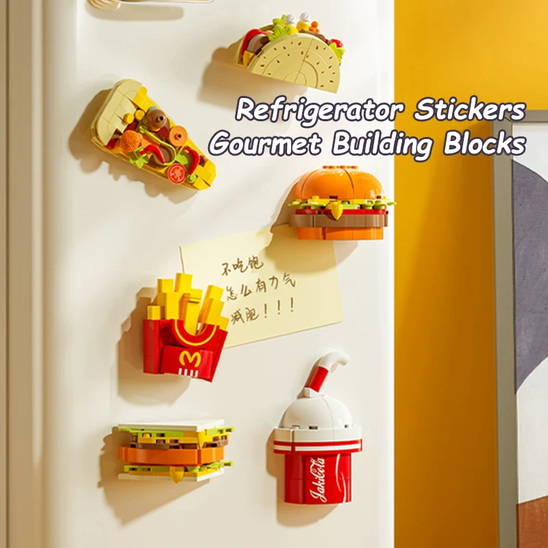 Creative JAKI Refrigerator Stickers Gourmet Building Blocks Fast Food Hamburger French Fries DIY Assemble Bricks Toys Kids Gifts