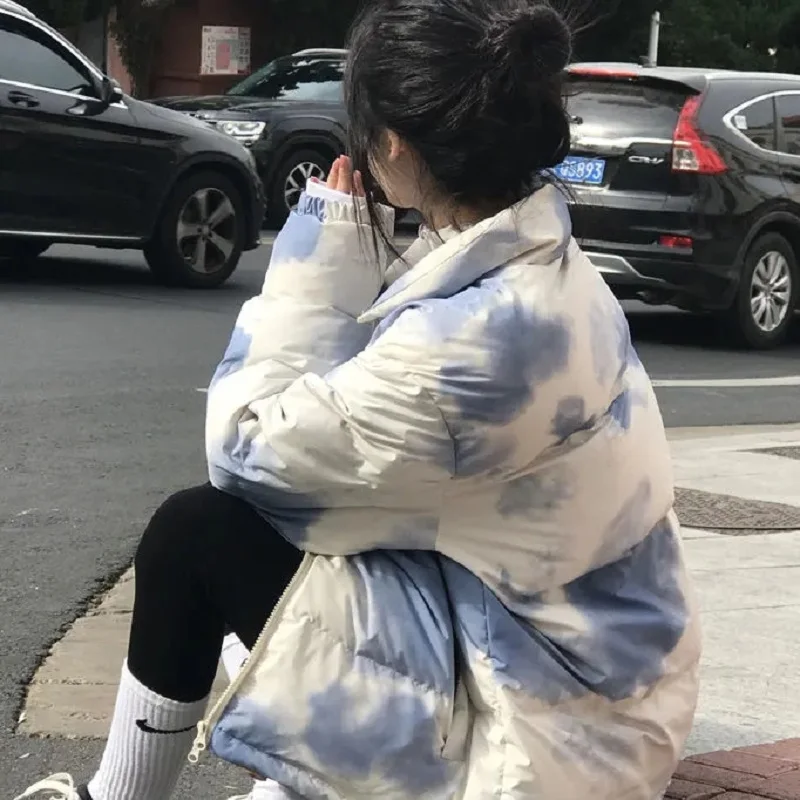 

Street Harajuku solid color tie-dye bread jacket jacket oversize jacket parka Korean casual loose thick warm cotton clothes