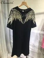 female fashion wings pattern rhinestone black slimming dress 2022 summer new round neck short sleeve pullover dress for female