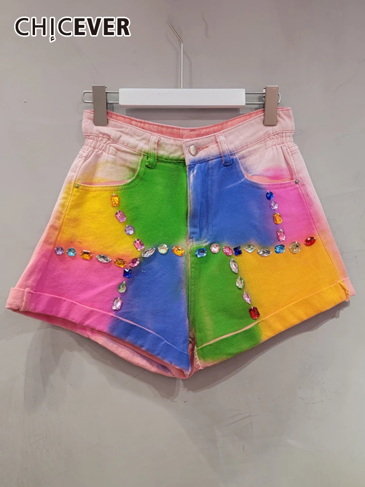 

CHICEVER Hit Color Denim Shorts For Women High Waist Patchwork Pockets Loose Folds Spliced Embroidered Flares Short Pant Female