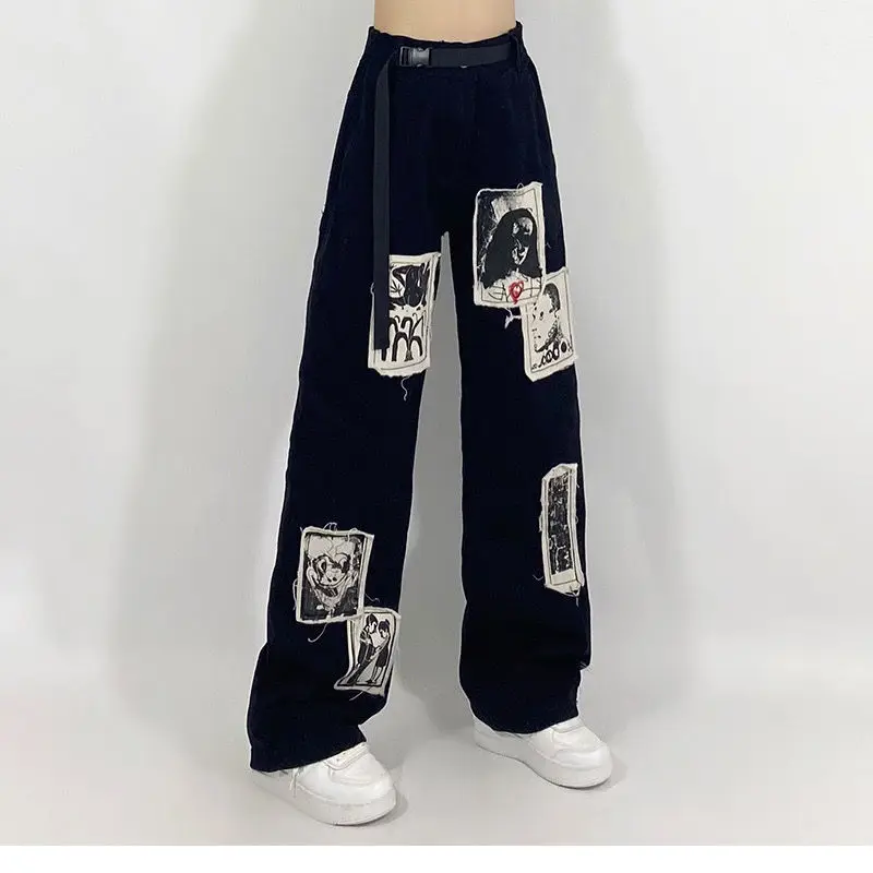 

Grunge Punk Patchwork Black Jeans Women Hip Hop Streetwear Print Oversize Wide Leg Trousers 90s Vintage Fashion Pants