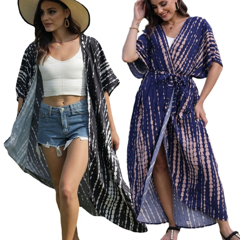 

MXMB Women Summer Beach Half Sleeve Open Front Kimono Cardigan Gradient Striped Print Belted Bikini Swimsuit Cover Up Maxi Long