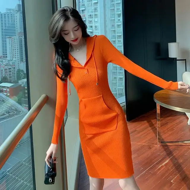 

2022 Women Autumn Winter New Long Sleeve Sweater Dress Female Tight Knit Package Hip Dresses Ladies Solid Hooded Vestidos F258