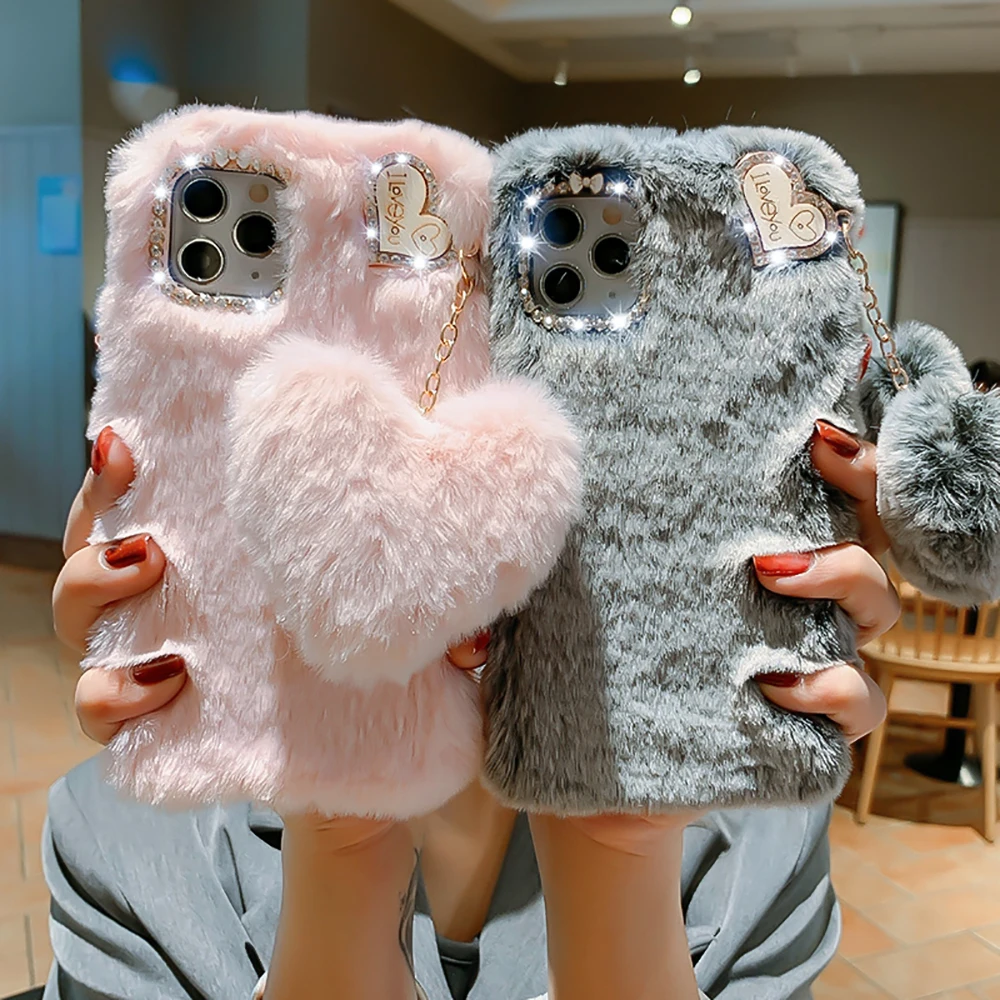 

Luxury Diamond Love Heart Hairy winter Warm Fur Plush Phone Case For iPhone 14 13 12 11 Pro XS Max 7 8 Plus Cute Back Cover Case