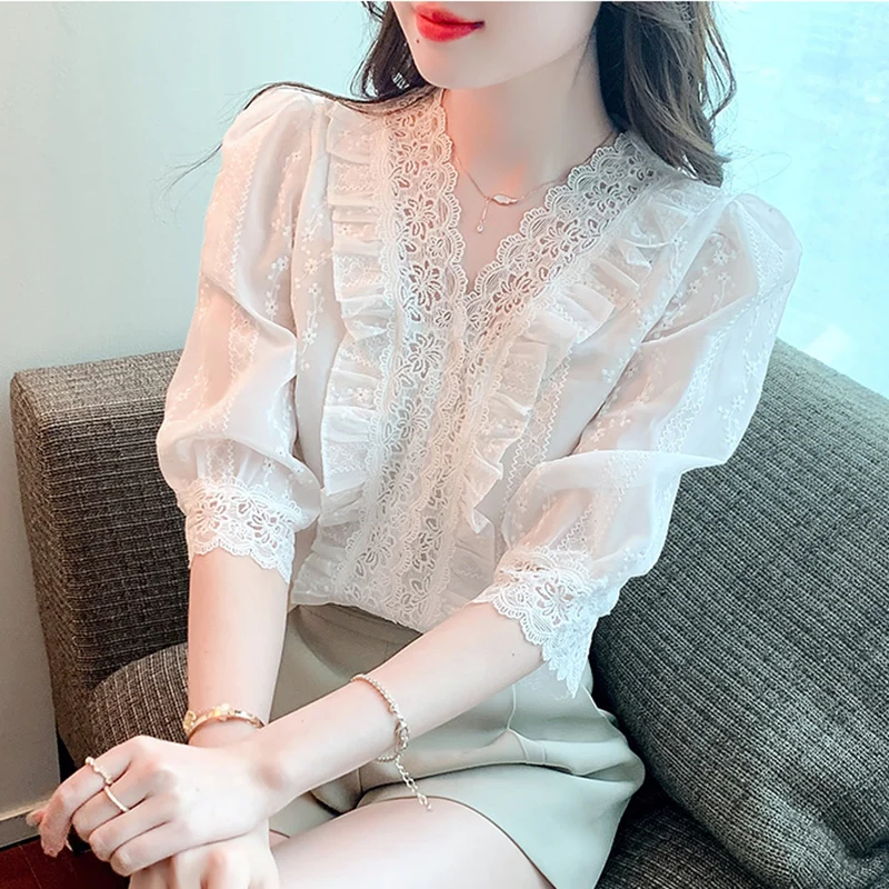 

New 2023 Summer V-Neck Lace Tops Fashion Casual Hollow Out Ruffles Chiffon Blouses Office Lady Shirt