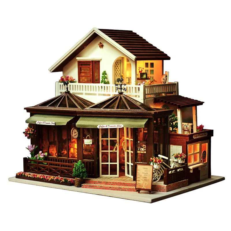 

Large Coffee Wooden Doll House Manual Assembling Model Toys Diy Wooden Hut House With Led Light Music Small Tools Birthday Gift