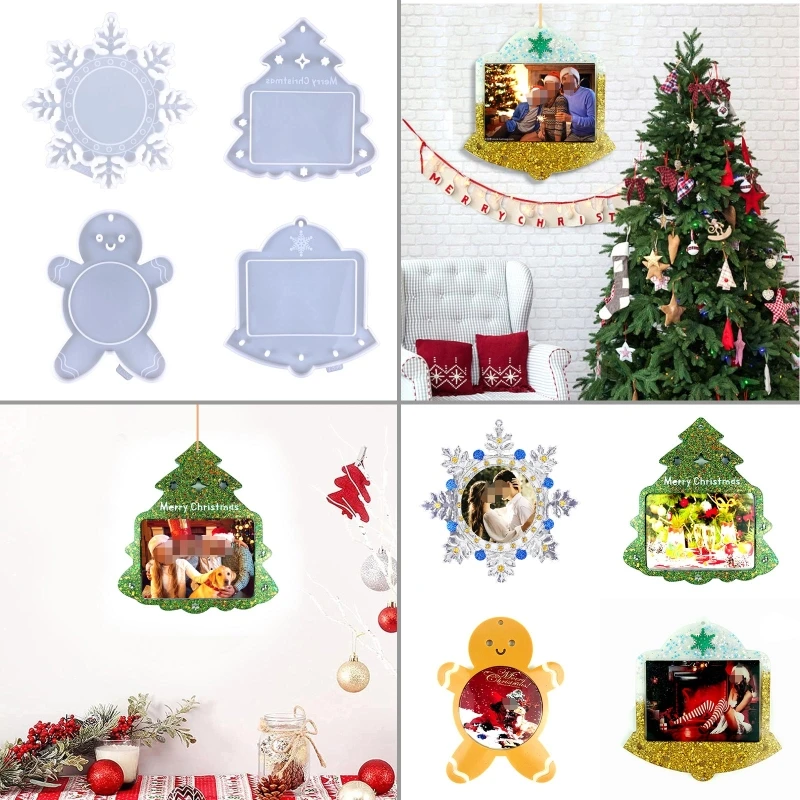 

Christmas Picture Frame Drop Glue Mold Diy Snowflake Christmas Tree Bell Photo Frame Decoration Pendant Silicone Mold 124A