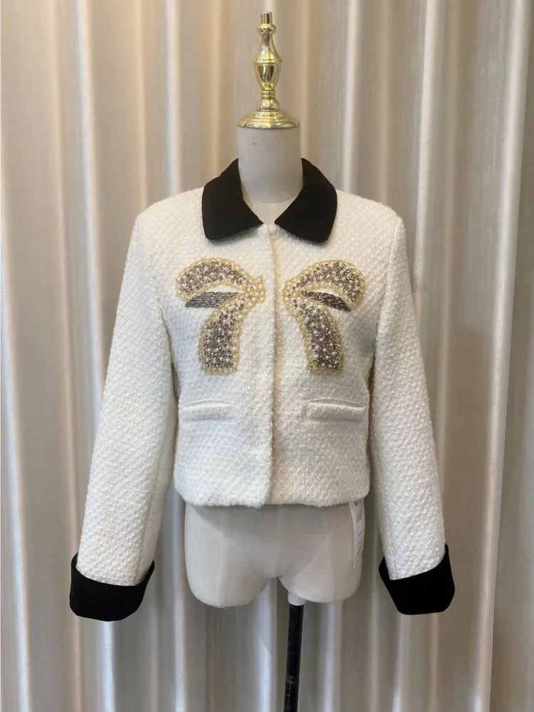 

Женское твидовое короткое пальто, модная шерстяная куртка в роскошном стиле с длинным рукавом и бантом из бисера для осени и зимы