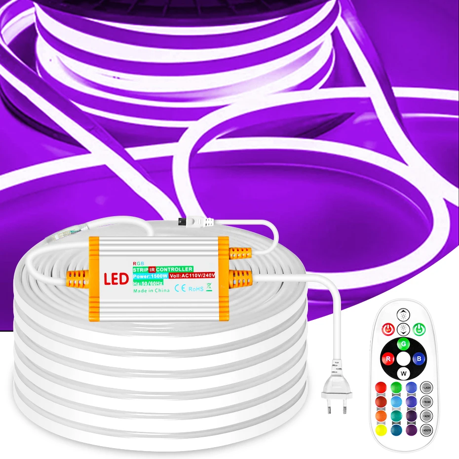 Водонепроницаемая светодиодная неоновая лента RGB 220 В 1500 Вт IP68 с пультом дистанционного управления гибкая лента Светодиодная лента 1-100 м RGB 5050SMD наружная лента
