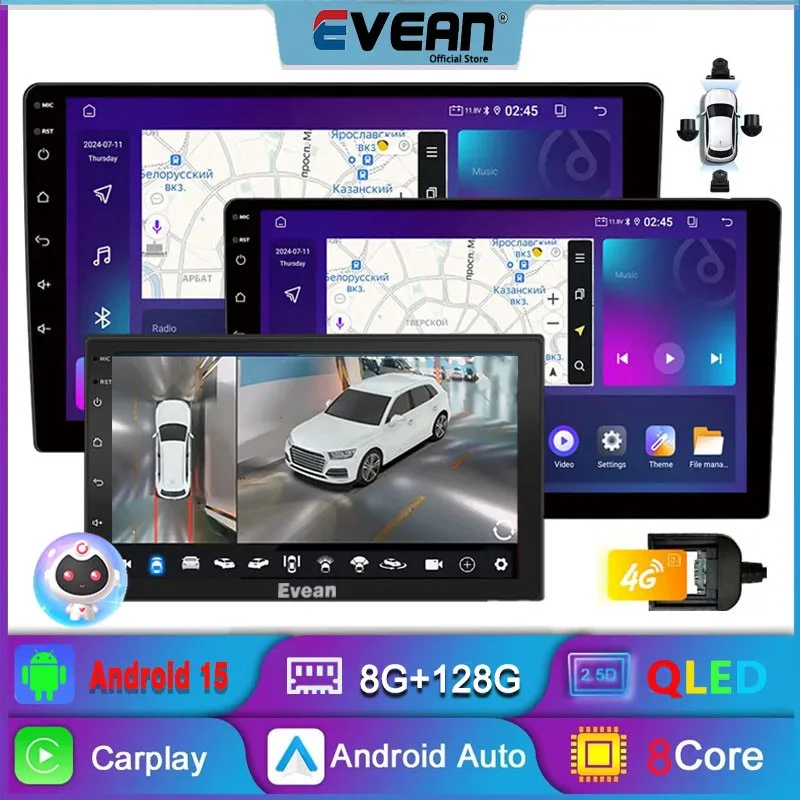 Фото Автомагнитола Evean 8G 256G Octa Core Android 16 с Carplay и Android Auto, 2 DIN, мультимедийный плеер, камера 360°, голосовое управление №1