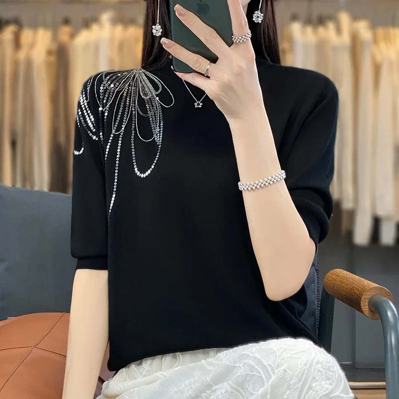 Летняя вязаная женская рубашка Tencel с коротким рукавом и круглым вырезом