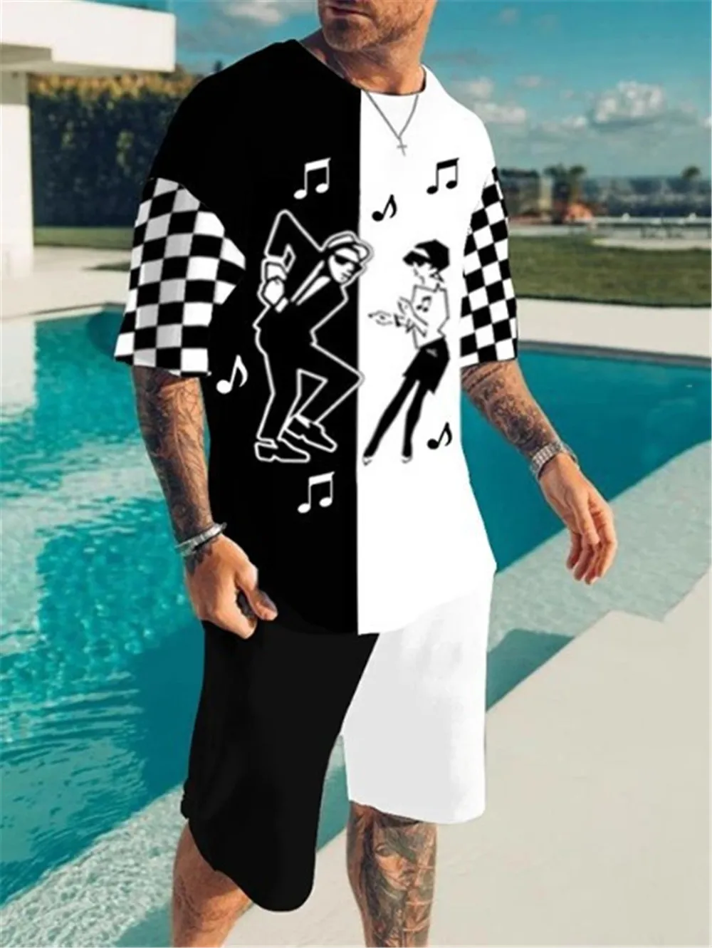 Summer 3d Black White Lattice Series T Shirt Sets Sportswear Jogging Short Sleeve High Quality Suit Men Tracksuit Casual Clothes