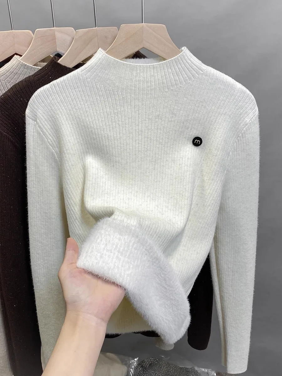 Однотонные яркие пуловеры свитера с воротником-стойкой флисовый теплый трикотаж