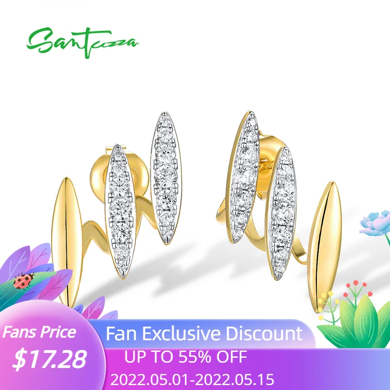 

SANTUZZA Authentic 925 Sterling Silver Stud Earrings For Women Sparkling White Cubic Zirconia Gold Color Cute Chic Fine Jewelry