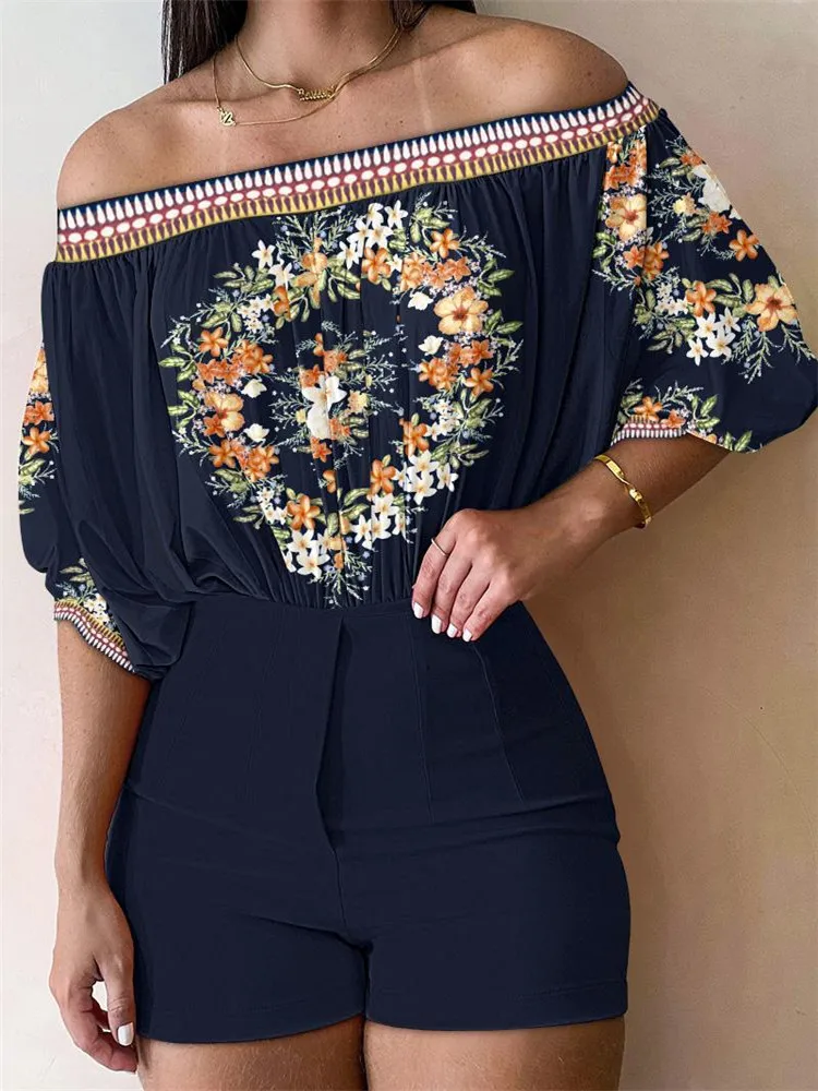 

2023 NEW Two Piece Sets Womens Floral Print Ruched Off Shoulder Top & Shorts Set Outifits Fashion Tracksuits Casual Elegant Fem