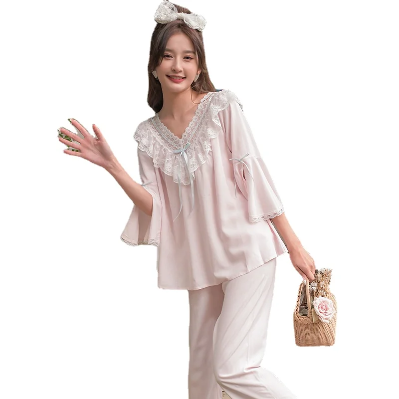 French Pajamas Women's Spring Autumn Palace Style V-neck Sweet Trumpet Sleeve Suit Lace Mesh Princess Home Dress Sleepwear