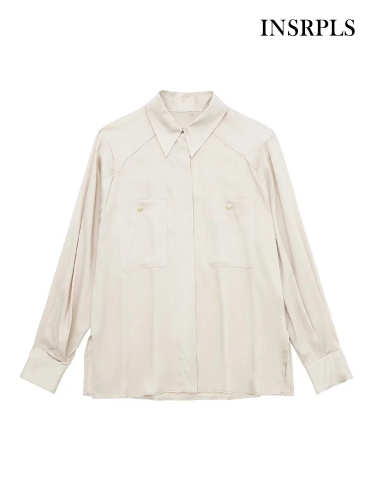 

INSRPLS Women Fashion Patch Pockets Loose Satin Shirts Vintage Long Sleeve Front Hidden Button Female Blouses Blusas Chic Tops
