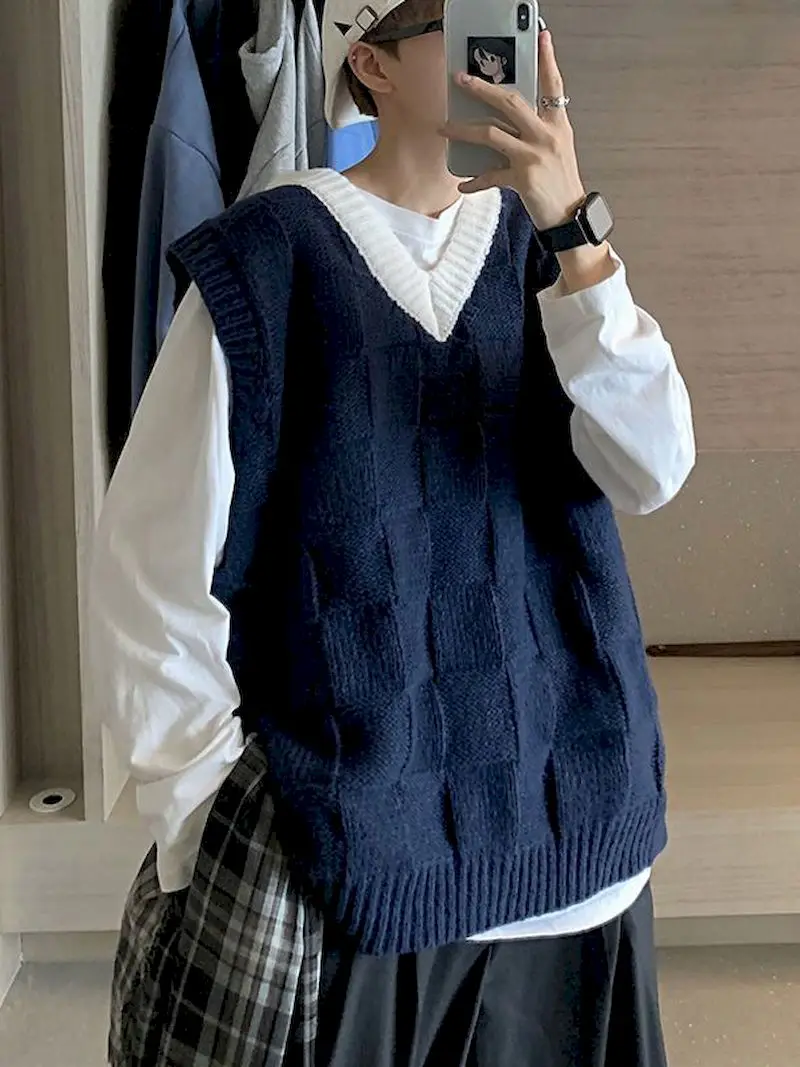 

Корейский свитер, жилет, мужская мода, однотонный Повседневный трикотажный пуловер с V-образным вырезом, Мужская одежда, Свободный жилет, вя...