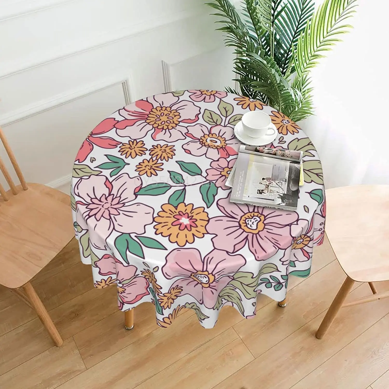

Vintage Flower Round 60 x 60 Inch Table Cover Polyester Stain and Wrinkle Resistant Table Cloth for Kitchen Dining Coffee Party