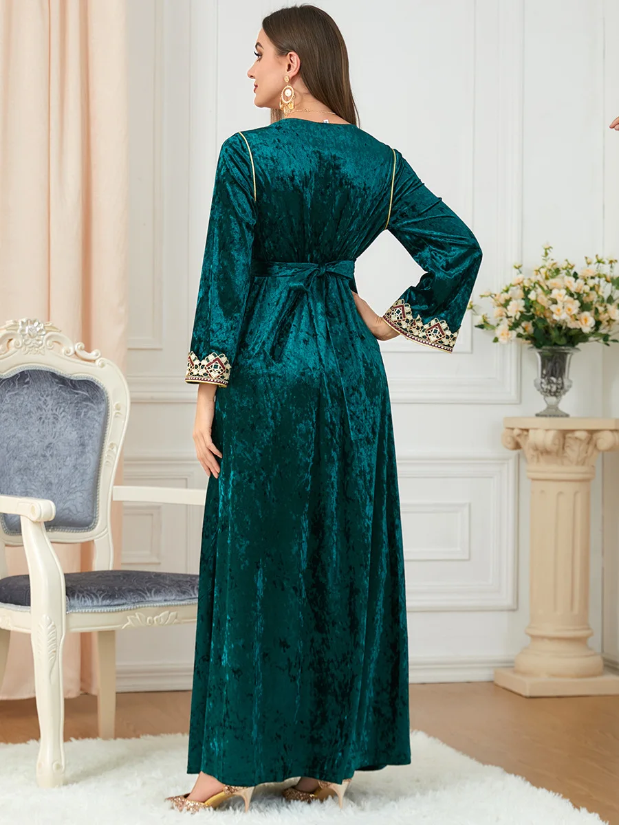 Abayas Women's Floral-embroidered Gold Silk Belt with Long Sleeves Light Luxury Beautiful Velvet Slit Hem Evening Dresses