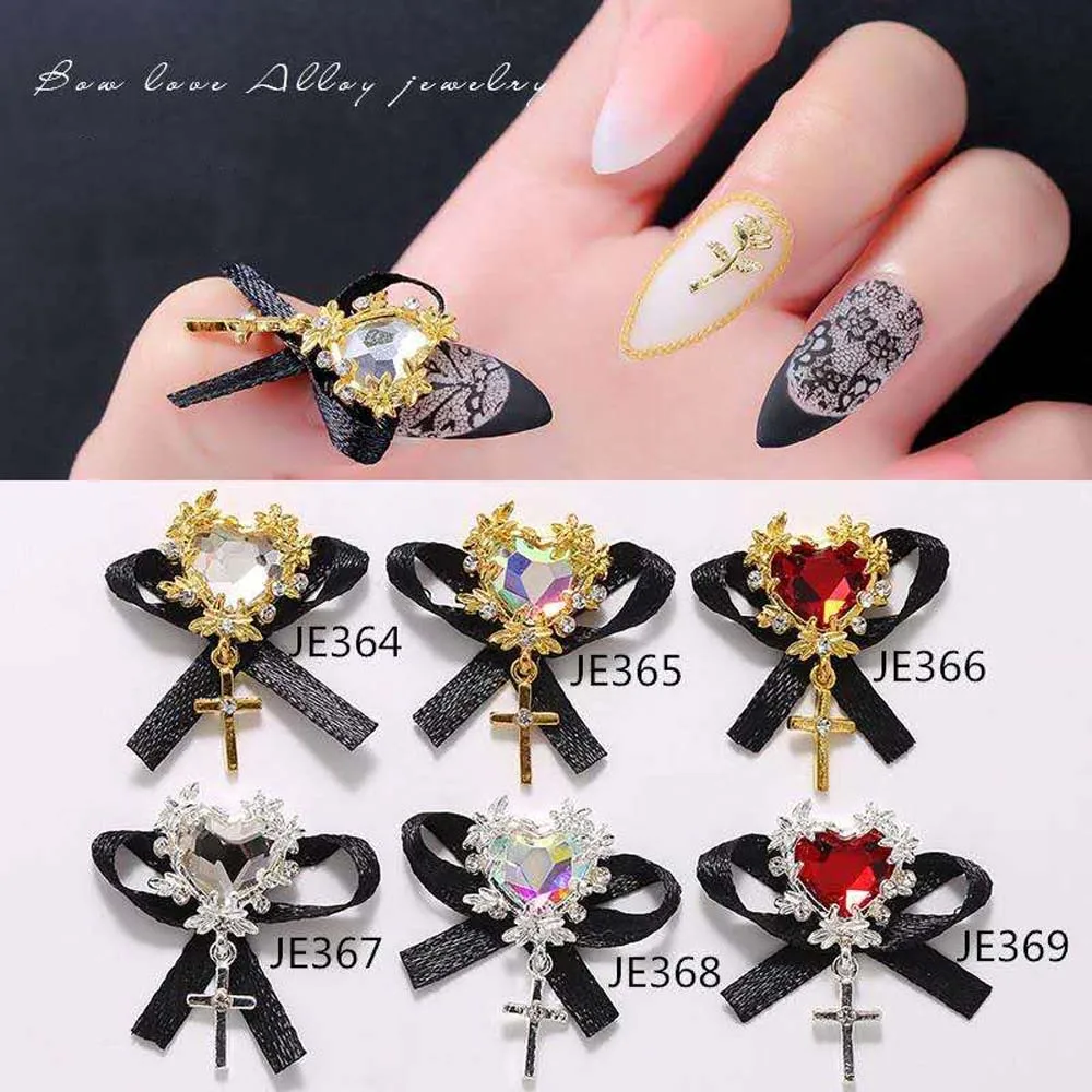 

5cps Dark Wind Black Lace Butterfly Diamond Nail Art Charms 6colors Heart Alloy Rhinestone Diamond Cross Nails Accessory Designs