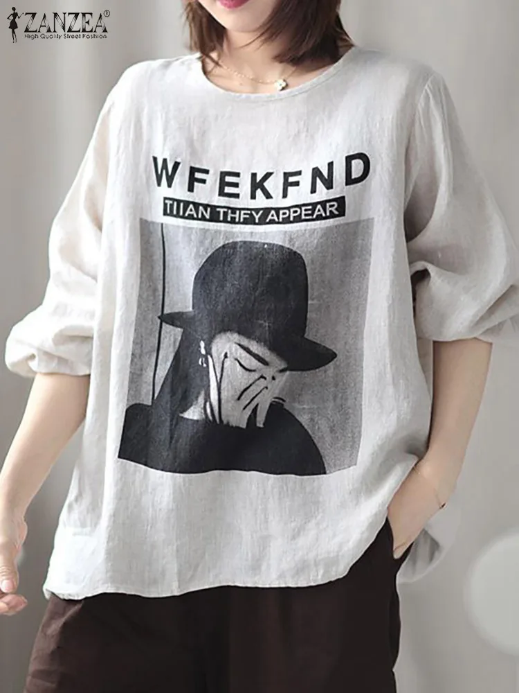 

Women Spring Autumn Blouse 2022 Fahion Printed Camisa ZANZEA Vintage Long Sleeve Blusas Feminina Casual O Neck Cotton Shirt Tops