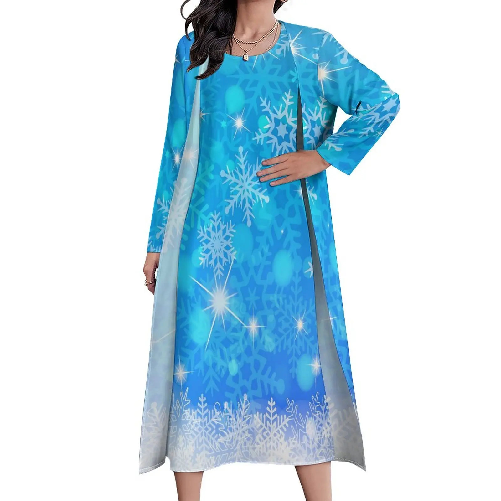 

Блестящее женское платье-макси с голубым принтом, корейское модное богемное длинное платье с графическим принтом, 3XL, 4XL, 5XL