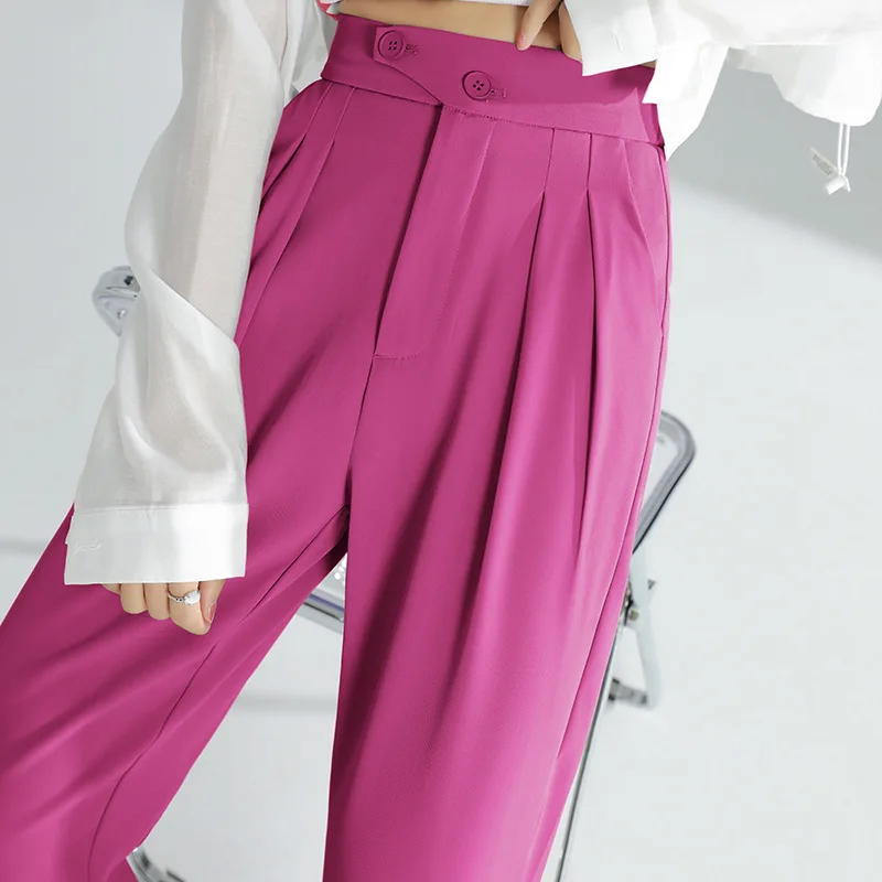 Women's Pants Suit 2023 Summer Wide Leg Pants High Waist Casual Rose Red White Straight Pants Button Fly Solid Trousers Women