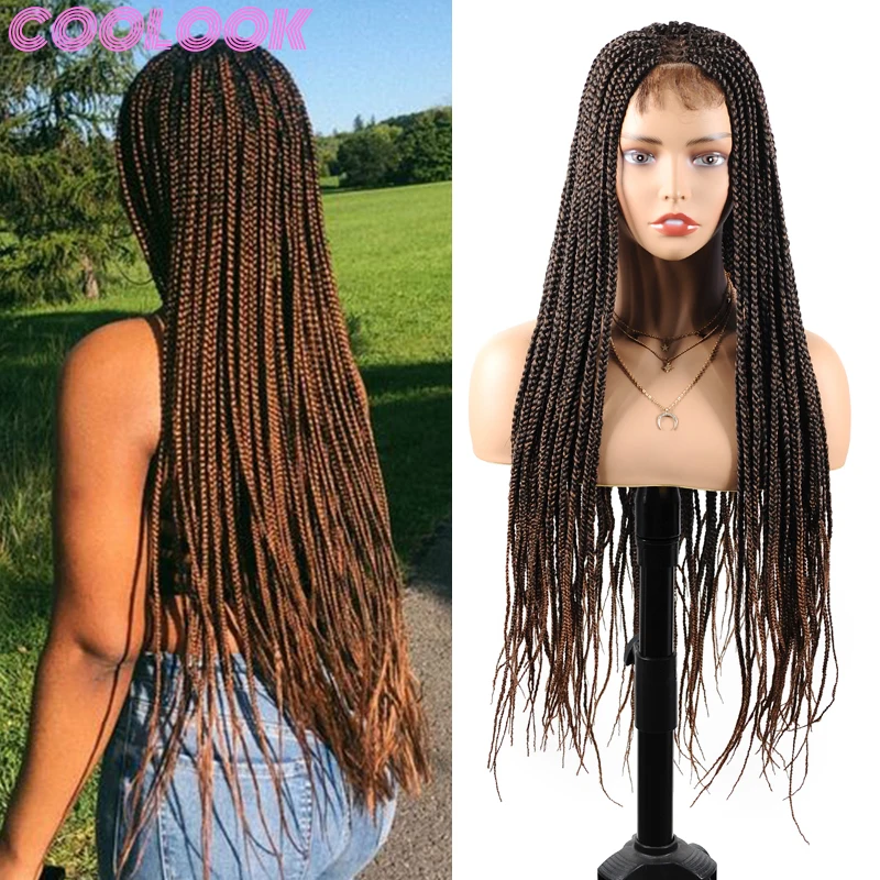 Ombre Brown Box Braided Lace Wig 30'' Long Box Braid Lace Front Wigs for Women Synthetic Braided Lace Frontal Wig Peruca Cosplay