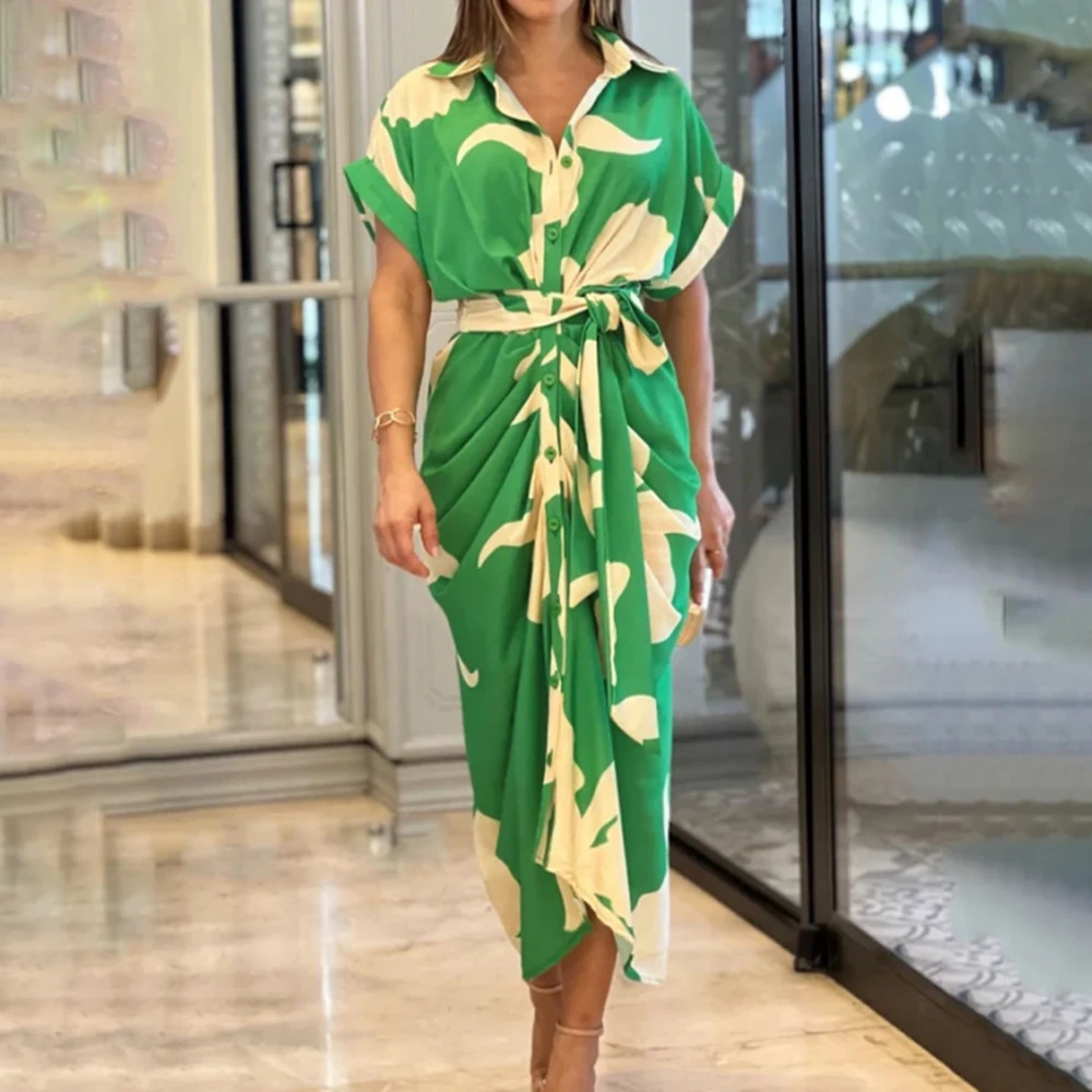 

New European And American Women's Printed Lapels Short Sleeves High Waist And Single Breasted Long Loose Shirts And Dresses