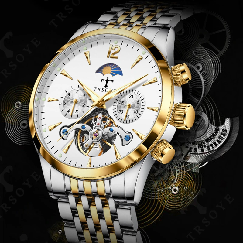

TRSYE Stainless Steel Strap Tourbillon Hollow-carved Men's Wristwatches Waterproof Automatic Mechanical Business Watches Men
