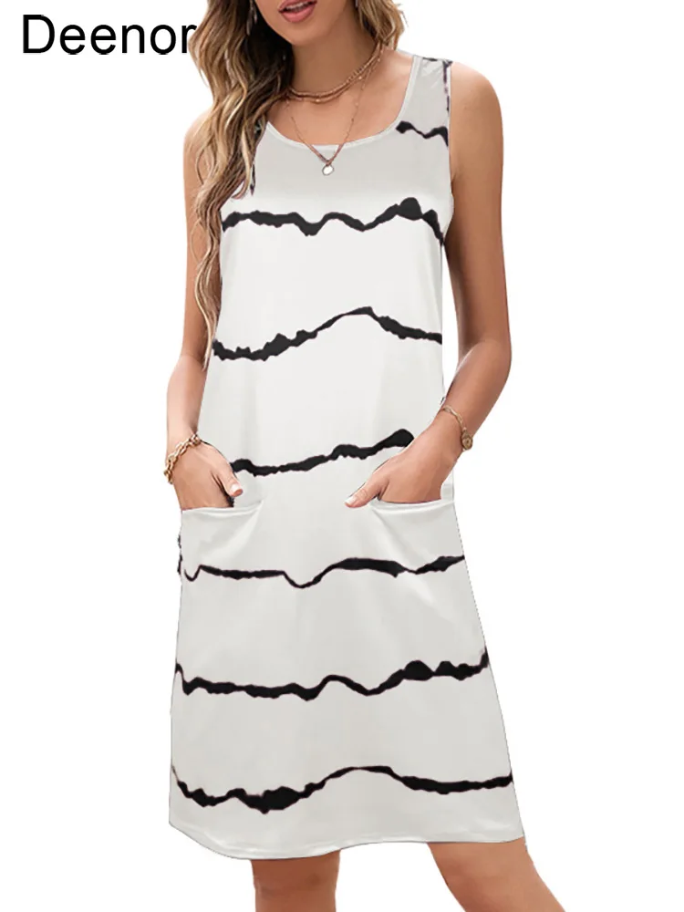 

Stripe Pocket Vest Dress Dresses Women Summer Round Neck Loose Strapless Mid-length Vest Sleeveless 5XL Plus Size Dress