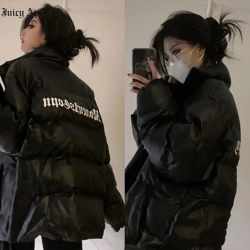 Thick Coats Woman Winter 2022 Pockets Letter Print Parkas Streetwear Jackets For Women High Street Female Clothing Office Lady