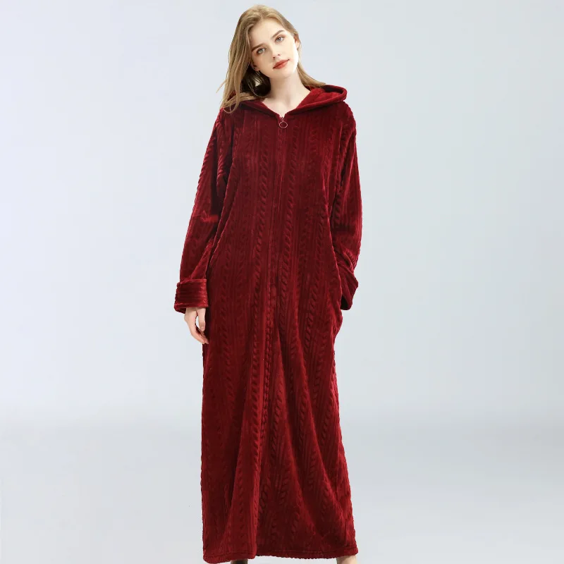 

Hooded Nightgown Flannel Bathrobe Women's Zippered One-Piece Warm Homewear Unisex Winter Robe Bride Negligee Long FG506