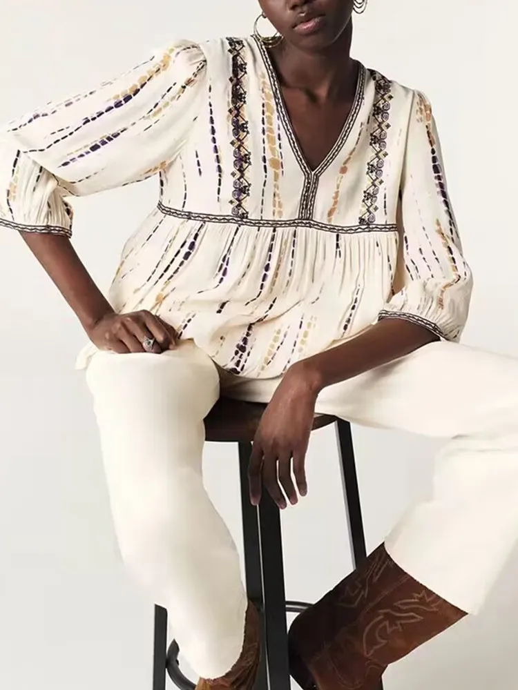 Винтажная женская блузка с v-образным вырезом и принтом повседневная свободная